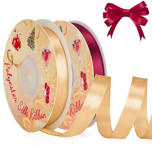 VynyQoo 2 Rotoli da 10mm Largo Nastro Di Raso, Rosso e Oro, 22M Lato Singolo Nastro Regalo, Nastri Per Decorazioni, Per Matrimonio, Compleanno, Decorazione Della Torta