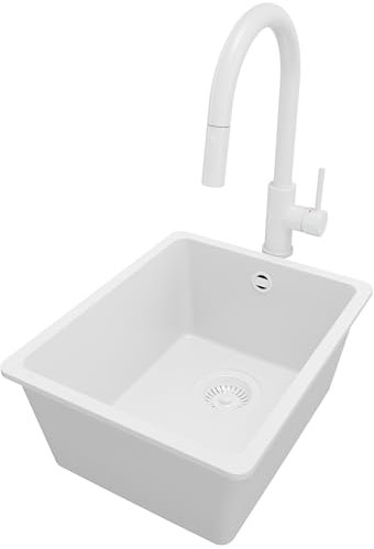 PRIMAGRAN Fregadero Granito Todo Blanco 36x44cm, Fregadero Cocina 1 Seno + Sifón + Grifo 40x20cm, Fregadero sobre encimera al mueble 40cm - Venecia Slim Easy