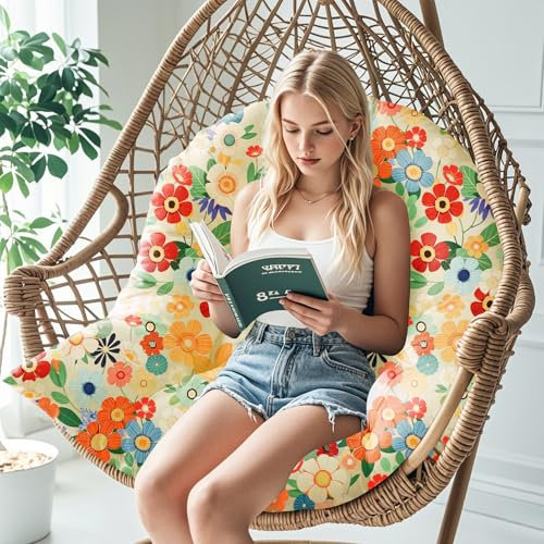 joomie Egg Swing Chair Cushion Replacement Waterproof 120x84x18 cm Thicken Outdoor Patio Hanging Basket Chair Cushions Removable Pad with Ties for Garden Cocoon Egg Hammock Chair, Daisy