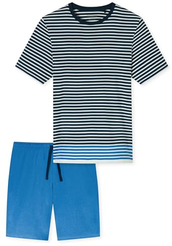 Schiesser Herren Schlafanzug kurz Casual Nightwear Ringel Shirt Aquarium Shorts Bio-Baumwolle Rundhals Single Jersey Nachtwäsche 182616-813