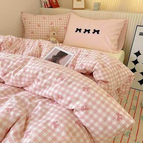 Covebett Pink Bows Duvet Cover Sets Double Size Pink White Grid Bowknot Washed Microfiber Bedding Set Aesthetic Girls Bow Checked Plaid Quilt Cover 200x200 with Zipper Closure and 2 Pillowcase 50x75cm