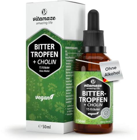 Gocce Amare Digestive Senza Alcol – 15 Erbe Amare per Digestione e Dopo i Pasti – Con Colina per Metabolismo Epatico – Formula Tradizionale Ispirata a Hildegard – 50 ml