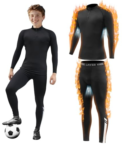 Giyim Kinder Thermounterzieh-Set – Stil Jungen Fußball Skins & Tights Fußball Kompression Set, Doppellagig Atmungsaktiv für Sport, Fußball, Basketball & Ski, Schwarz , 10-11 Years / Size 28