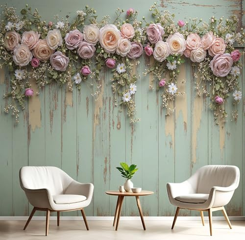 Romantische Rose Fototapete 3D, Vintage Holzwand Wandtapete Schlafzimmer, Olivgrün Tapete Wanddekoration, Büro Wandbild, Kinderzimmer Fototapete, Wanddekoration 350X256Cm