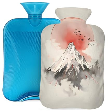 Myfsucce 2L Hot Water Bottle with Cover Japanese Mountain Sun Print - Reusable PVC Hot Water Bag for Pain Relief, Cramps & Warmth (12.2x8in)
