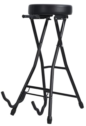 Faltbarer Gitarrenhocker mit gepolstertem Sitz, integrierter Gitarrenständer, 136 kg Kapazität, Gitarrenstuhl für Erwachsene, tragbarer Klapphocker, geformt für Akustik-, Elektro-, Bassgitarren