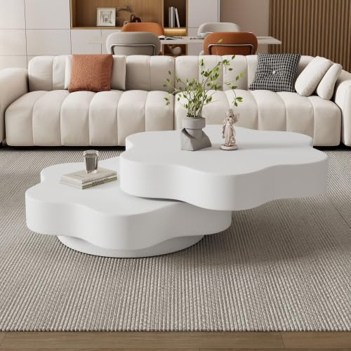 Merax Table basse en forme de fleur - 74,8 x 67,5 x 31 cm - Plateau rotatif à 360° - Table basse à double couche - Blanc crème - Table de salon avec 2 étagères