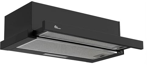 Thermex York IV - Dunstabzugshaube 60 cm, Ausziehbar, Schwarz | Flachschirmhaube, 2 Stufen, 157-317 m³/h, 43-61 dB, Schalter, Microswitch im Auszug, 2 Alufilter, Ø150