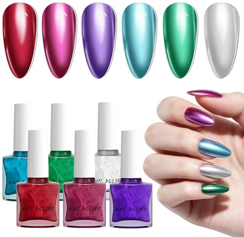 DMQ Chrome Mirror Nail Polish Set, 6Pcs Metallic Quick Dry Nail Varnish, Silver Red Blue Green Purple Pink Holographic Fingernail Gel, Air Fast Dry Shiny Chrome Effect for DIY Manicure Women Gift