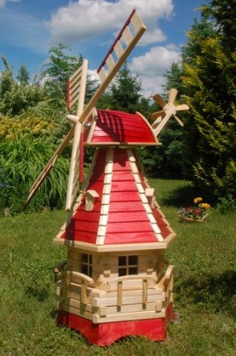 Windmühle, Gartenwindmühle, Windmühlen aus Holz, kugelgelagert Beleuchtung Solar 1,25m (rot)