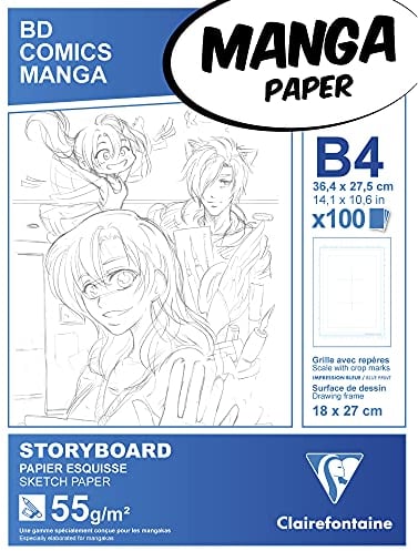 Clairefontaine 94040C Manga Block Storyboard (ideal für Zeichen von Manga und Multitechniken, DIN B4, 27,5 x 37,4 cm, 100 Blatt, 55 g, mit sechsteiligem Raster) weiß