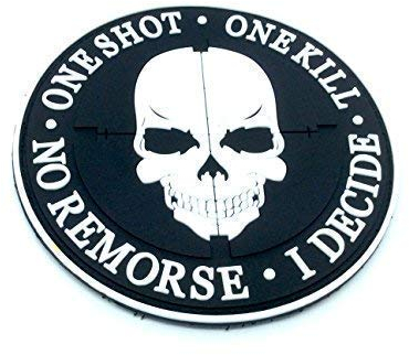 Patch Nation One Shot One Kill No Remorse I Decide Sniper Schwarz PVC Airsoft Paintball Klett Emblem Abzeichen
