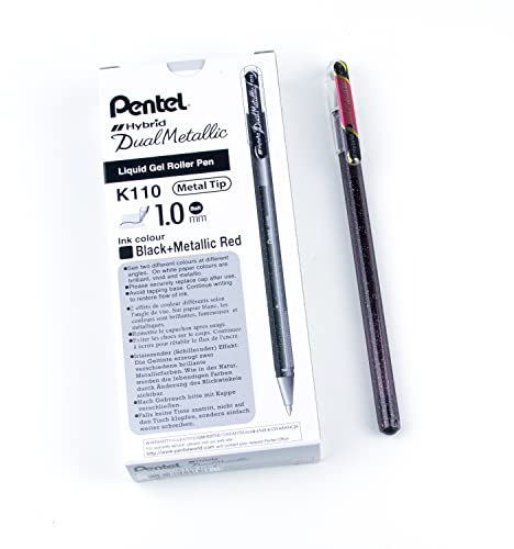 Pentel K110-DAX Dual Metallic Hybrid Dual Metallic Gelroller, Glitzer Gel, 12er Pack, schwarz/rot 2 verschiedene Farb-Effekte auf hellem/dunklem Papier schwarz+metallic rot