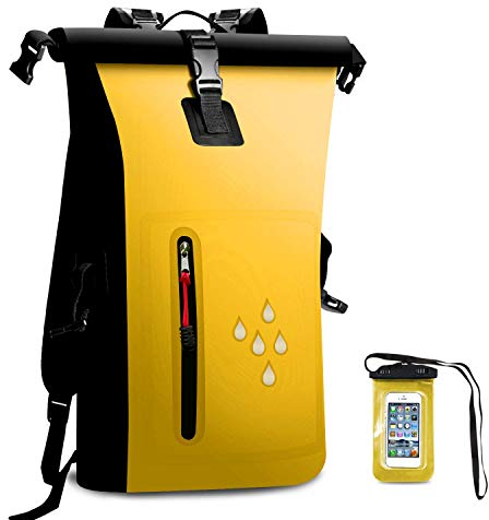 Wasserdichter Dry Bags Rucksack, 25L Heavy Duty Roll-Top-Verschluss Reiserucksack mit IPX8 Waterproof Handy-Hülle für Bootfahren, Strand, Kajak, Skifahren, Angeln, Camping, Schwimmen (Gelb)