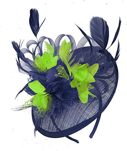 Caprilite Navy Blue and Lime Apple Green Sinamay Disc Saucer Fascinator Hat for Women Weddings Headband
