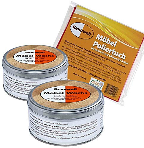 Renuwell Möbel-Wachs 2 x 500 ml + Möbel Poliertuch 4 Stück Spar-Set