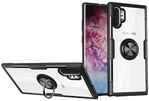 SORAKA Hülle für Samsung Galaxy Note 10 Plus mit 360 Grad drehbarem Ringständer Harter PC transparenter Abdeckung+Silikon Rahmen durchsichtige hülle mit Metallplatte für Handyhalterung Auto KFZ Magnet