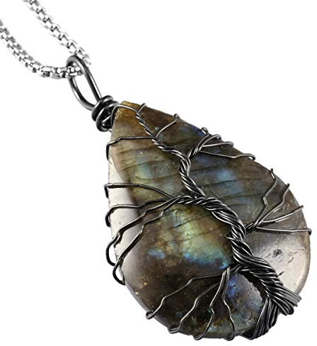 mookaitedecor Labradorite Collier Pendentif Pierre Naturelle Lithothérapie Pendentif Arbre de Vie Irrégulière Bijoux