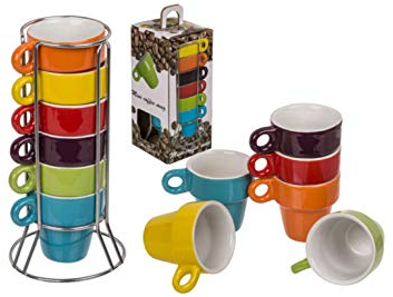 EuroDiscount Espressotassen Set in Chromeständer Moccatassen stapelbar 50 ml 6 teiliges Set bunt gemischt