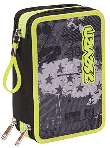 Seven Federmäppchen, Mäppchen, Mehrfarbig, Federtasche für Schreibwaren, Etui mit Stiften, Kugelschreiber, mit 3 Fächern, Mädchen - Jungen, Schule - Grundschule, XXL Fly Stars schwarz/leuchtgelb