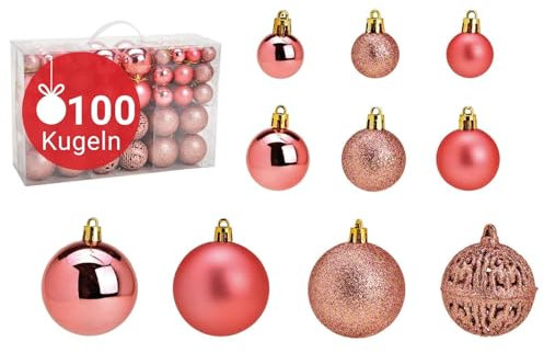 WOMA Set de Boules de Noël Rose - 100 Petites & Grosses Boules en Plastique pour Arbre de Noël - Déco avec Crochets Métalliques Inclus