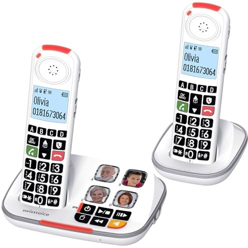 Swissvoice 2355 Cordless Big Button Phone for Elderly with Answer Machine Plus Additional Handset - Loud Phones for Hard of Hearing - Hearing Aid Compatible Phones - Cordless Number Telephone