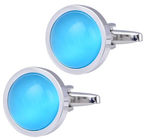 Jonwo Runden Opal Stein Manschettenknöpfe für Herren In Geschenkbox Katzenauge Schmuck Cufflinks Hochzeit Hemd Tanzparty Ferien Jubiläum Kleid (Blau)