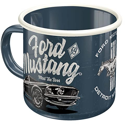 Nostalgic-Art Taza esmaltada retro, Ford Mustang - The Boss – Idea de regalo para amantes de coches, Copa para camping, Diseño vintage, 360 ml