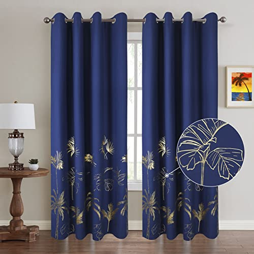 Rideaux occultants bleu royal pour chambre à coucher avec feuilles de palmier imprimées en feuille d'or Chambre et salon bleu marine Arbres tropicaux de luxe avec œillets 66×72 Thermique 100% Total
