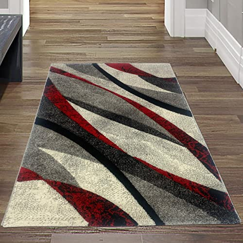 Modern-Abstrakter Konturenschnitt Wellendesign Teppich | pflegeleicht | rot grau Größe 60x100 cm