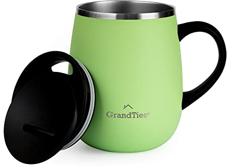 GRANDTIES Insulated Coffee Mug with Handle- Sliding Lid for Splash-Proof 16 oz Wine-Glass Shape Thermal Tumbler with Double Walled Vacuum Stainless Steel to Keeps Beverages Hot or Cold-Fresh Mint