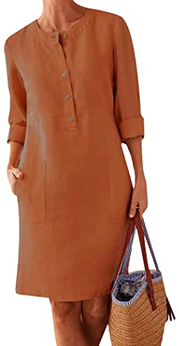OMZIN Damen Übergroße Tunika Kleid Sommer Baumwolle Leinen T Shirt Knielang Kleider Ziegelrot M