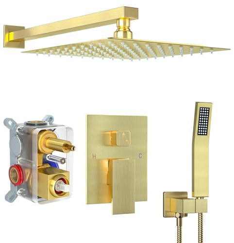 Fatspas 12 Inch Shower Faucet Set - Rainfall Shower with Square Head & High Pressure Handheld, Wall Mounted - Brushed Gold