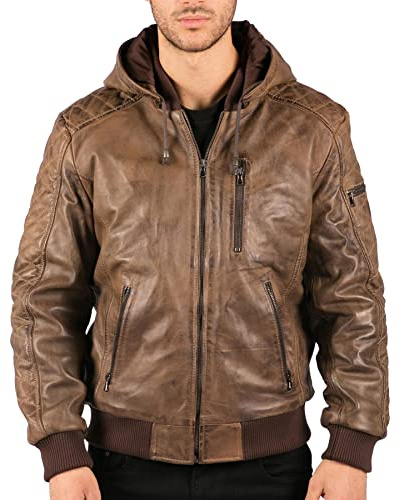 TruClothing.com Men's Bomber Jacket Outwear Windproof Winter Distressed Real Leather Jackets Coat Hood