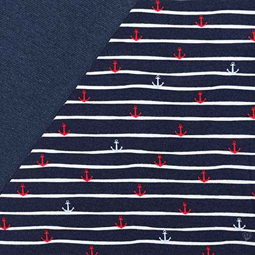 Stoffpaket 0,5 x 1,5 m Motiv-Jersey und 0,5 x 0,7 m Bündchen uni Nähpaket f. Kinderkleidung, Motiv:Anker marineblau | marine