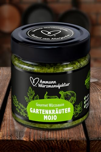 Gourmet Würzsauce Gartenkräuter Mojo im 200 ml Glas.