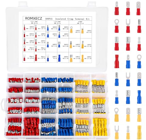 Electrical Connectors 500PCS Insulated Crimp Terminal Wiring Crimping Fork/Ring/Spade/Female Male Terminals Butt Splice Electric Wire Cable Connector Car Crimps Kit for Auto Motorcycle