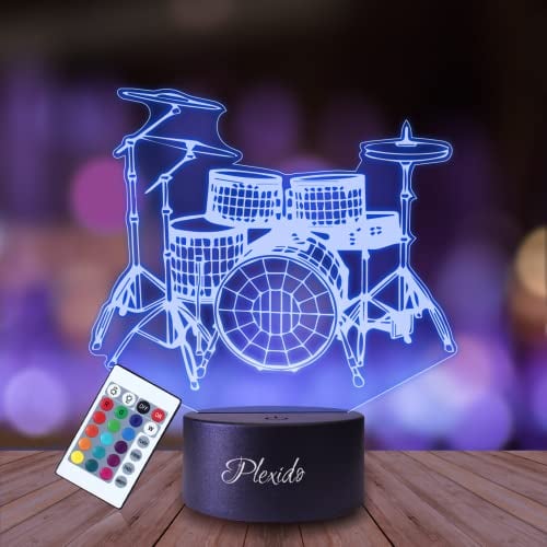 Plexido Nachtlicht Schlagzeug Instrument Musik Illusion Lampe 3D Nachttischlampe Geschenk für Kinder Personalisiert Graveur Weltraum Kinderzimmer LED Licht Fernbedienung 16 Farbwechsel Wohnzimmer