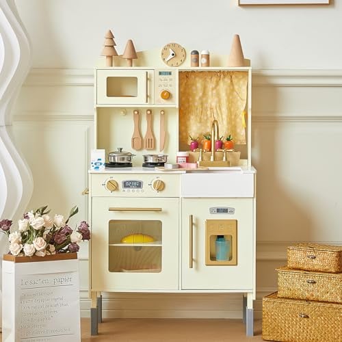 Giant bean KinderKüche Holz, Spielküche für Kinder, Ausgestattet mit Mikrowelle,Waschbecken,Eismaschine,Ofen,Kochgeschirr, Küchenzubehör, Rollenspiel-Essensspielzeug für Jungen und Mädchen ab 3 Jahren