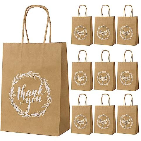 COLOFALLA 10pcs Thank You Gift Bags Kraft Brown Paper Party Bags with Handle Rustic Vintage Return Bags for Guests for Wedding Baby Shower Birthday, 15X8X21cm
