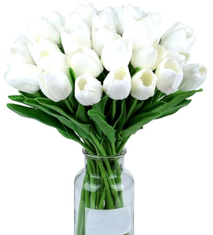 SITUMEIZI Künstliche Tulpen, 15 Stück, fühlen Sich echt an, PU, künstliche Blumen, weiß
