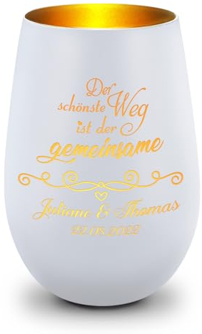 GRAVURZEILE Deko Windlicht aus Glas mit Gravur - Der schönste Weg ist der gemeinsame - Personalisiert mit Namen & Datum - Persönliche Geschenke zur Hochzeit Verlobung für Sie & Ihn - Weiß/Gold
