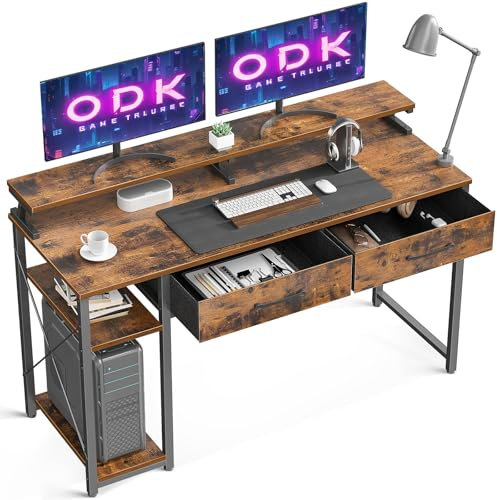 ODK Computer Desk with Drawers, 120 x 48 cm Office Desk with Storage, Home Office Table with Monitor Stand & Shelves for Study Play Work Home Office, Rustic Brown