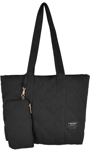 SAVOSWEET Henkeltaschen Damen Groß, Tote Bag Shopper Schwarz, Handtasche Stoff Gesteppt, Schultertasche mit Reißverschluss Innentasche und Geldbörse, Tasche für Büro Arbeit Einkaufen