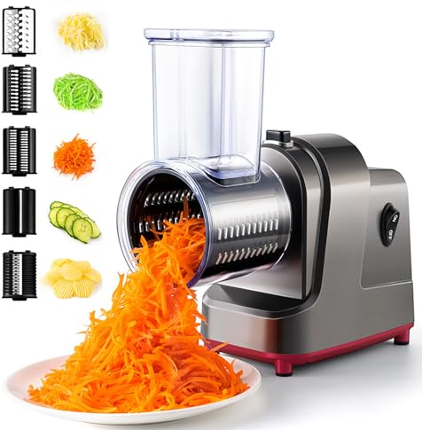 ZILOOK 2024 Rallador De Queso EléCtrico Recientemente Actualizado, Rebanador De Verduras Profesional, con 5 Cuchillas, Apertura De AlimentacióN De 7,5 Cm, Control con Un Solo BotóN, para Frutas