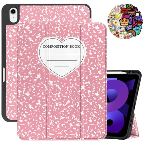 Cabreche Compatible with iPad Air 11 Inch M3 2025,M2 2024 Case Air 5th/4th Generation 2022/2020 10.9 Inch TPU Case Pencil Holder Auto Sleep/Wake Cover Cute Girls Women Composition Notebook-Pink Heart