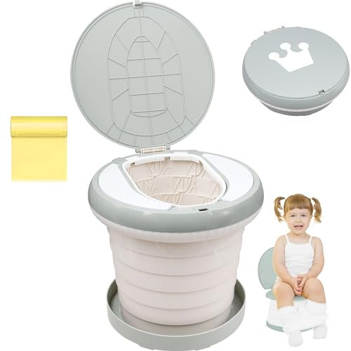 Portable Travel Potty for Kids, Foldable Toilet Seat with Garbage Bag, Lightweight Potty Training Seat for Travel Home Car Camping Outdoor (Grey)