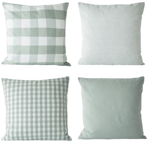 HOPLEE Lot de 4 Housses de Coussin de Style Rustique avec Carreaux de Buffle, Vert Sauge uni, 45,7 x 45,7 cm