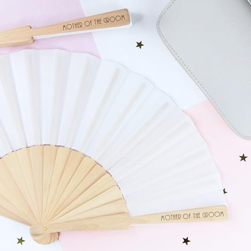 eBuyGB Engraved Mother of the Groom White Wooden Wedding Role Folding Fan, Hen Party Accessories for Bride To Be, Hen Do Decorations - 42.5cm x 23cm (Font 3)