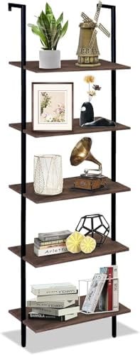Huhote Leiterregal, Bücherregal mit Metallrahmen, Industrielles Leiterregal, Wandregal mit 5 Ebenen, Wandlehnregal, Standregal für Wohnzimmer, Schlafzimmer, Büro, Badezimmer, 60 x 30 x 183 cm, Braun